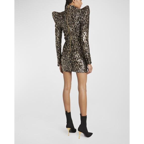 Balmain Strong-Shoulder Mini Dress 40/US 8 Gold Black Sequin Back Zip NWT $3650 - Picture 4 of 14
